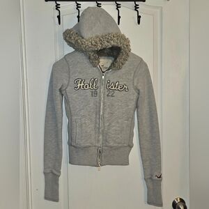 Hollister 1922 Y2K Faux Fur Full Zip Grey Hoodie Womens Size Small